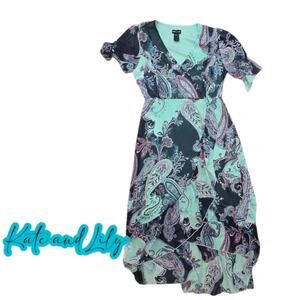 Kate and Lily Size 6 High Low Faux Wrap Multicolor Elastic Waist Maxi Dress